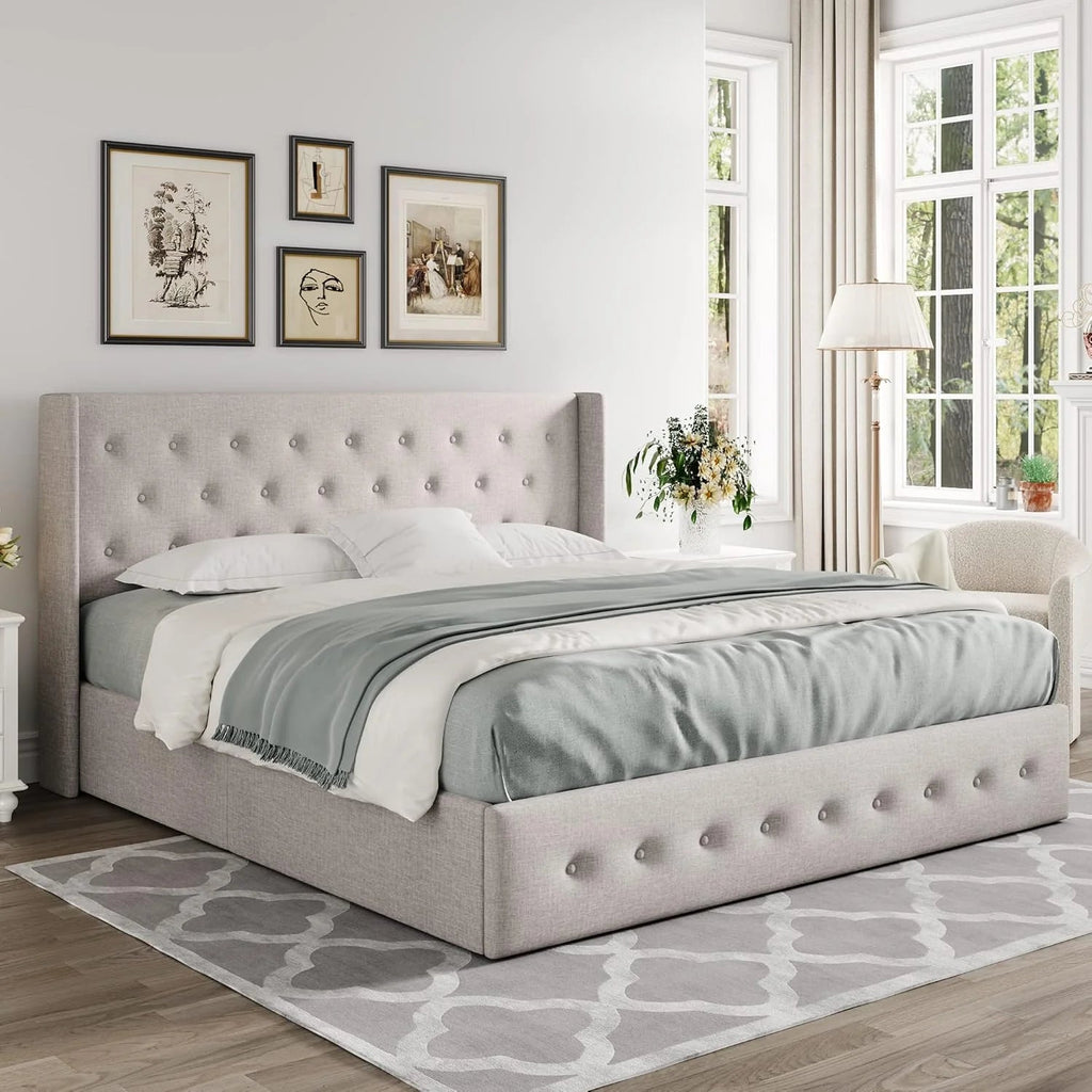 Allewie Queen Size Lift Up Storage Bed, Modern Wingback Headboard, Hydraulic Support, No Box Spring Needed, Light Beige