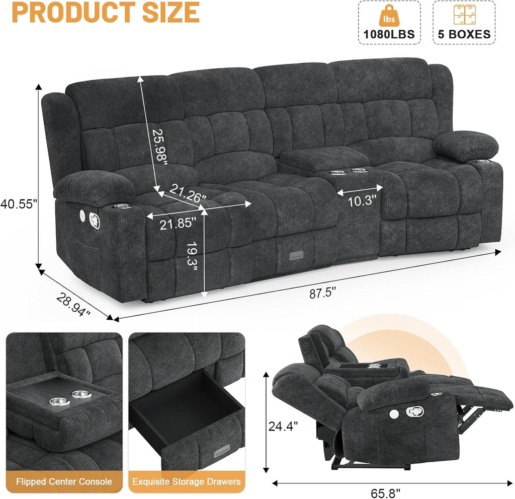 3 Seat Reclining Sofa with Storage Drawer USB Ports & Cup Holders Manual Couch