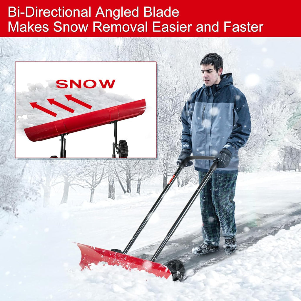 38 Inch Snow Shovel for Driveway,Bi-Direction Heavy Duty Snow Pusher with Wheels and Angled Blade for Efficient Snow Removal, Back Saver Snow Plow for Dorway Sidewalk - Big Wheels