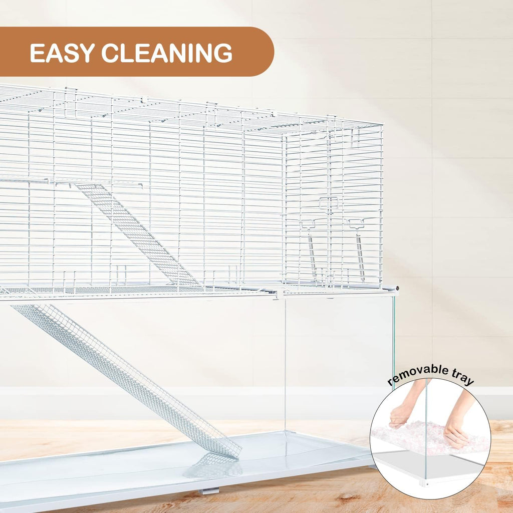 3 Tiers Large Hamster Cages, Glass Hamster Cage Habitat with Openable Wire Topper, Gerbil Cage with Two Ladders Ramps and Removeable Waterproof PVC Tray, Easy to Clean