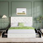 Allewie Upholstered Queen Size Platform Bed Frame with 4 Storage Drawers and Headboard, Square Stitched Button Tufted, Mattress Foundation with Wooden Slats Support, No Box Spring Needed, Light Grey