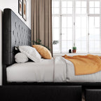 Allewie Upholstered Queen Size Platform Bed Frame with 4 Storage Drawers and Headboard, Square Stitched Button Tufted, Mattress Foundation with Wooden Slats Support, No Box Spring Needed, Light Grey