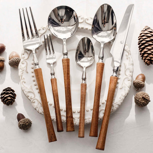 Minimalist Silverware Set with Wooden Handle - 18/8 Stainless Steel Tableware Service for 6 - Onestopv