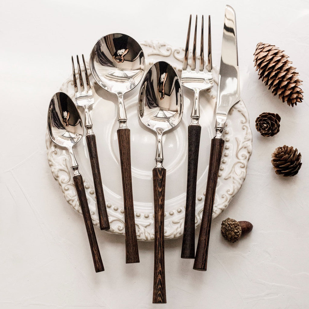 Vintage Walnut Wood Handle Flatware Set - 18/8 Stainless Steel Rustic Cutlery Service for 5 - Onestopv