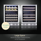 24 inch Wine Cooler, 46 Bottle - Dual Zone Built-in or Freestanding Fridge with Stainless Steel Reversible Glass Door, for Home, Kitchen, or Office.