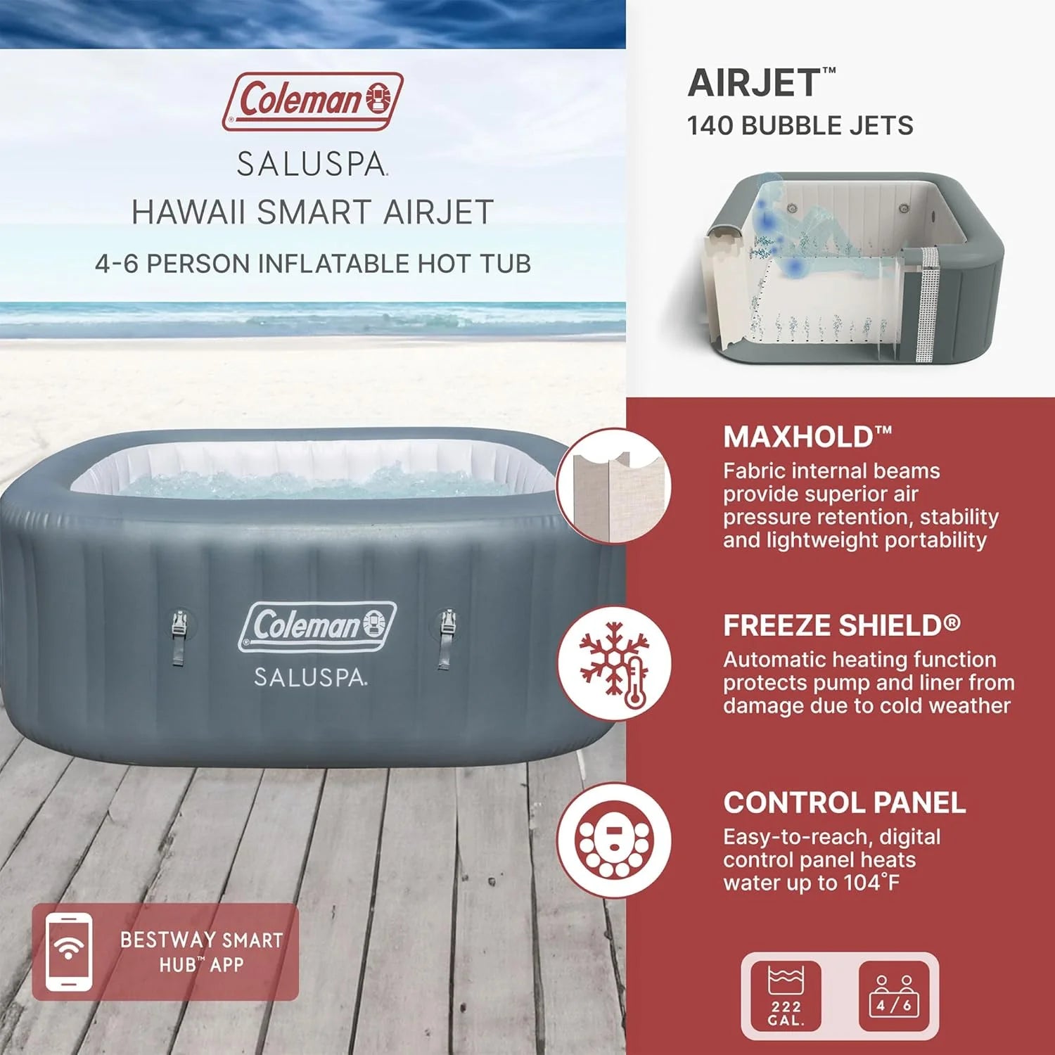 4 to 6 Person Inflatable Hot Tub Square Portable Outdoor Spa with 114 Soothing AirJets and Insulated Cover, Gray-Coleman