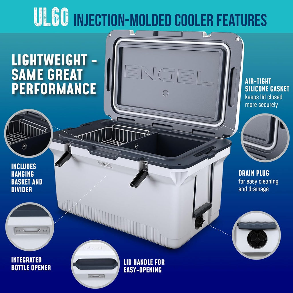 60 QT Ultra-Light Injection Molded Cooler - Ice Chest Keeps Ice up to 7 Days - Large Cooler Includes Wire Basket, Divider and Built-in Bottle Opener