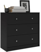 3-Pc Scandinavian Design Engineered Wood Bedroom Furniture Set with 3-Drawer Chest & 6-Drawer Double Dresser & 1-Drawer Nightstand, Pewter Plastic Handles, Smooth Plastic Glides, in Black