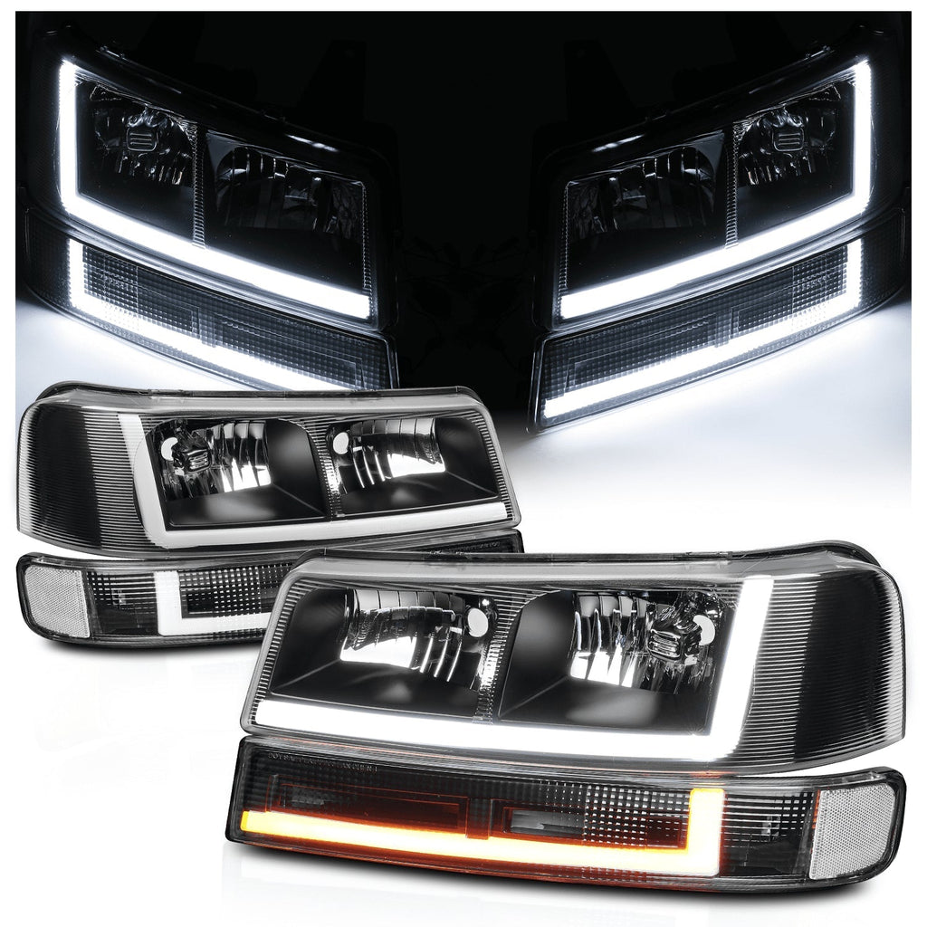 A set of 4 LED running light bars L+R black headlights + bumper signals for 2003-2014 Chevrolet Express 1500,2003-2023 Chevrolet Express 2500
