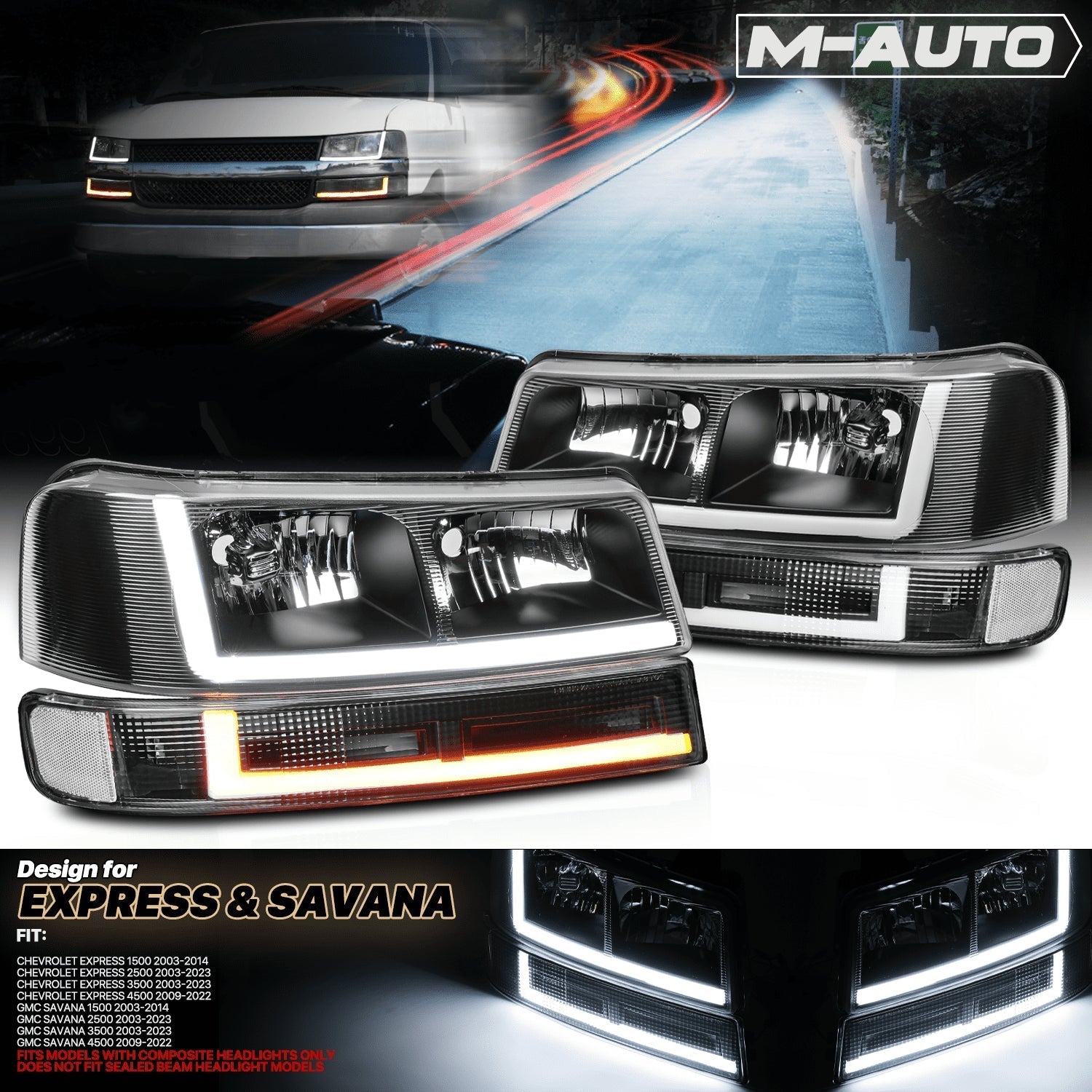 A set of 4 LED running light bars L+R black headlights + bumper signals for 2003-2014 Chevrolet Express 1500,2003-2023 Chevrolet Express 2500