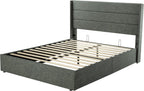 Allewie Queen Size Lift Up Storage Bed, Modern Wingback Headboard, Hydraulic Support, No Box Spring Needed, Light Beige