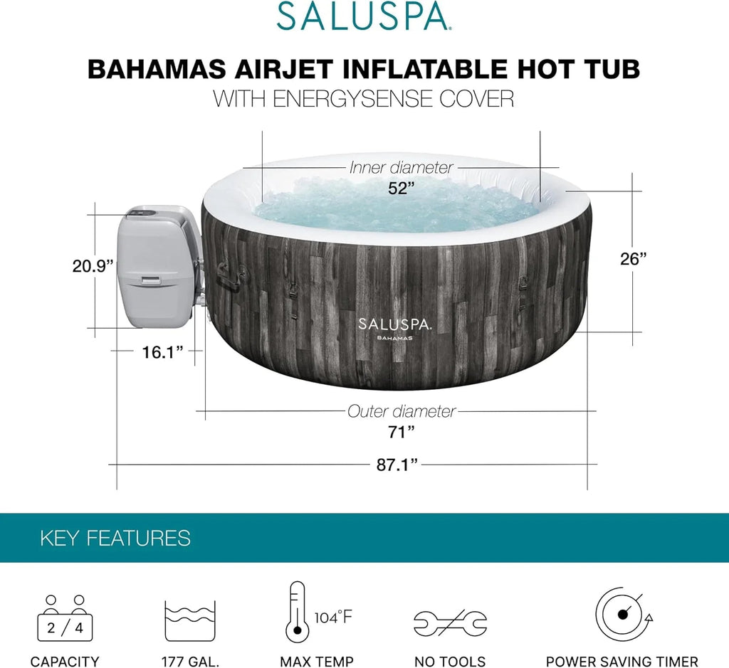Bestway SaluSpa Fiji AirJet Large Round 2 to 4 Person Inflatable Hot Tub Portable Outdoor Spa with 120 AirJets and EnergySense Cover, Grey