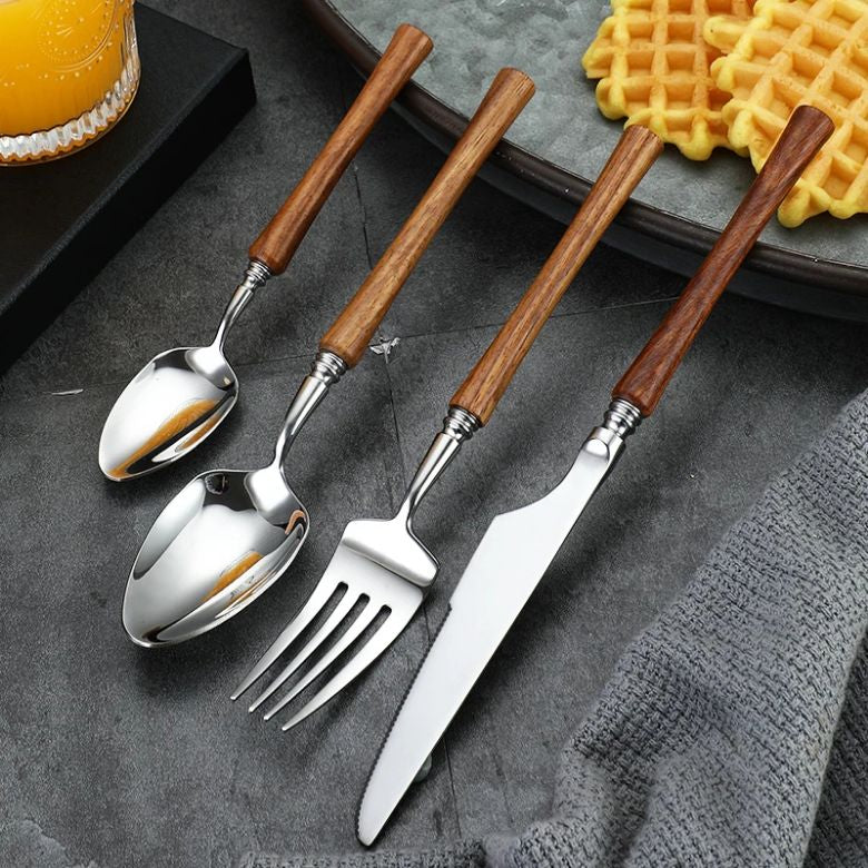 Minimalist Silverware Set with Wooden Handle - 18/8 Stainless Steel Tableware Service for 6 - Onestopv