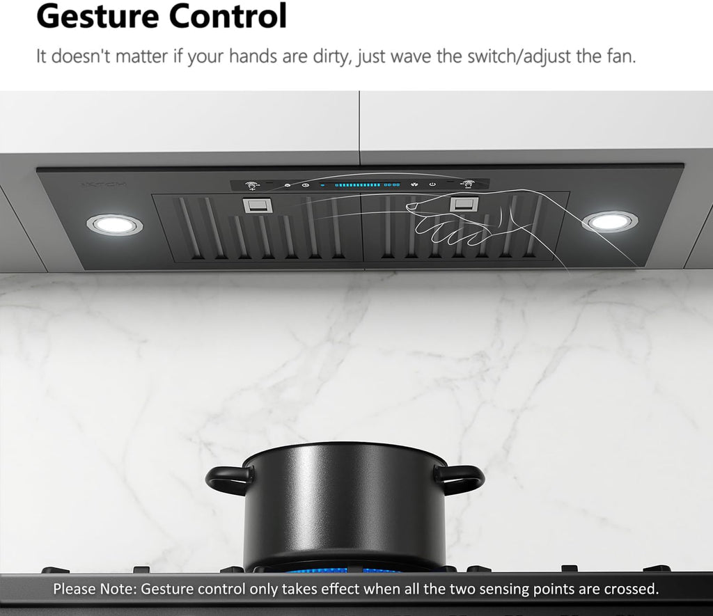 30 inch Built-in/Insert Range Hood 900 CFM, Ducted/Ductless Convertible Duct, Stainless Steel Kitchen Vent Hood with 4 Speed Gesture Sensing&Touch Control Panel(IKB01-30)