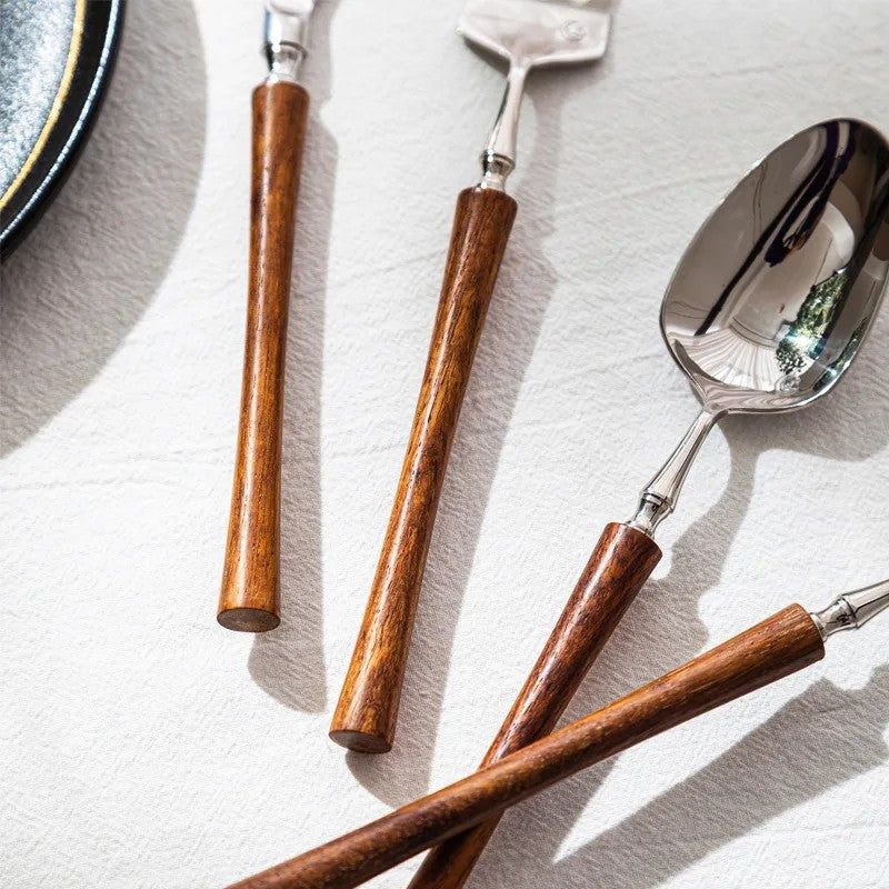 Minimalist Silverware Set with Wooden Handle - 18/8 Stainless Steel Tableware Service for 6 - Onestopv