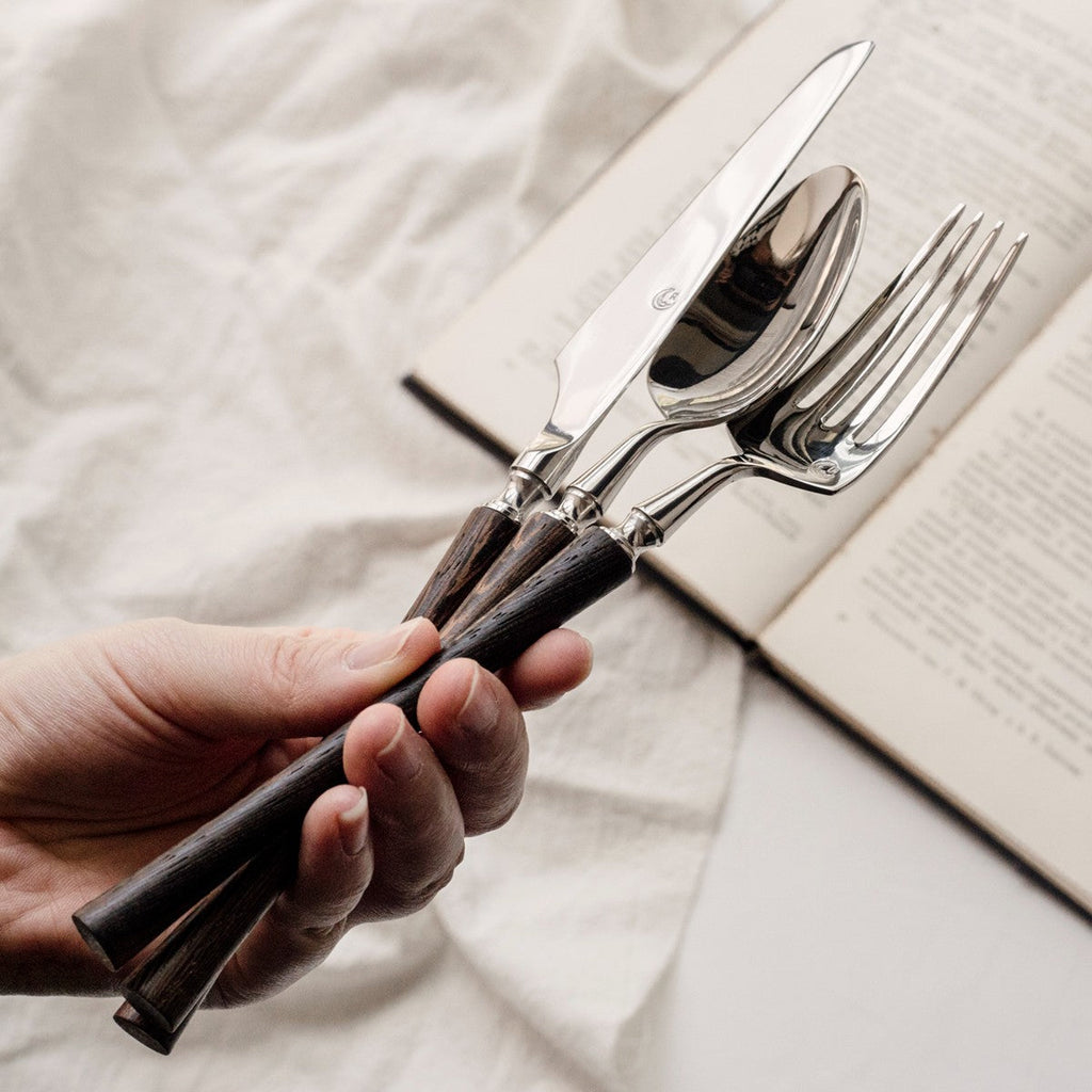 Vintage Walnut Wood Handle Flatware Set - 18/8 Stainless Steel Rustic Cutlery Service for 5 - Onestopv