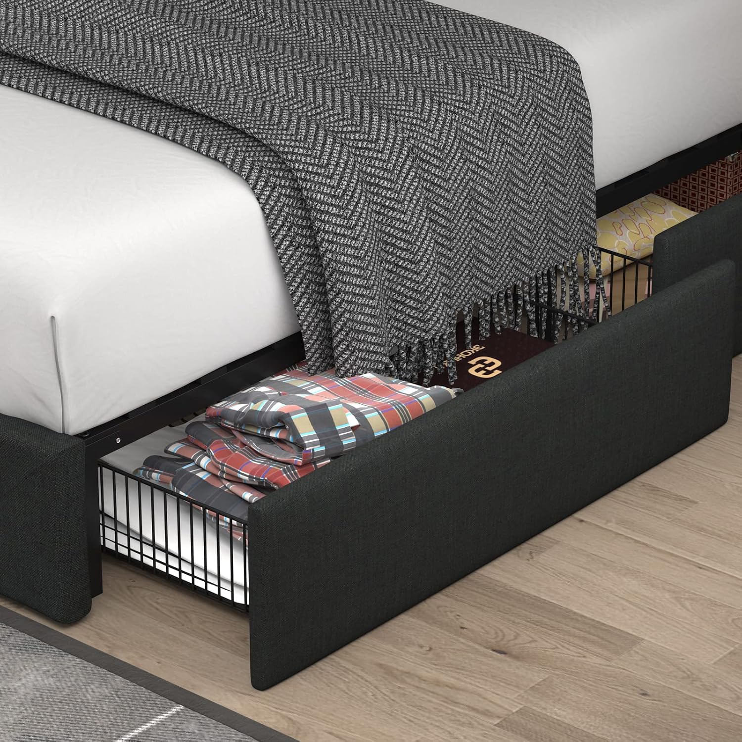 Allewie Upholstered Queen Size Platform Bed Frame with 4 Storage Drawers and Headboard, Square Stitched Button Tufted, Mattress Foundation with Wooden Slats Support, No Box Spring Needed, Light Grey