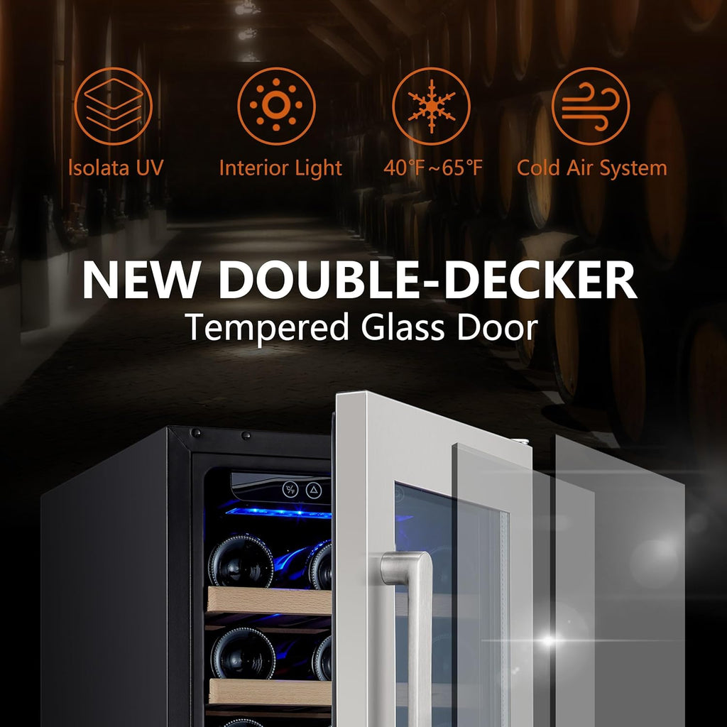 24 inch Wine Cooler, 46 Bottle - Dual Zone Built-in or Freestanding Fridge with Stainless Steel Reversible Glass Door, for Home, Kitchen, or Office.