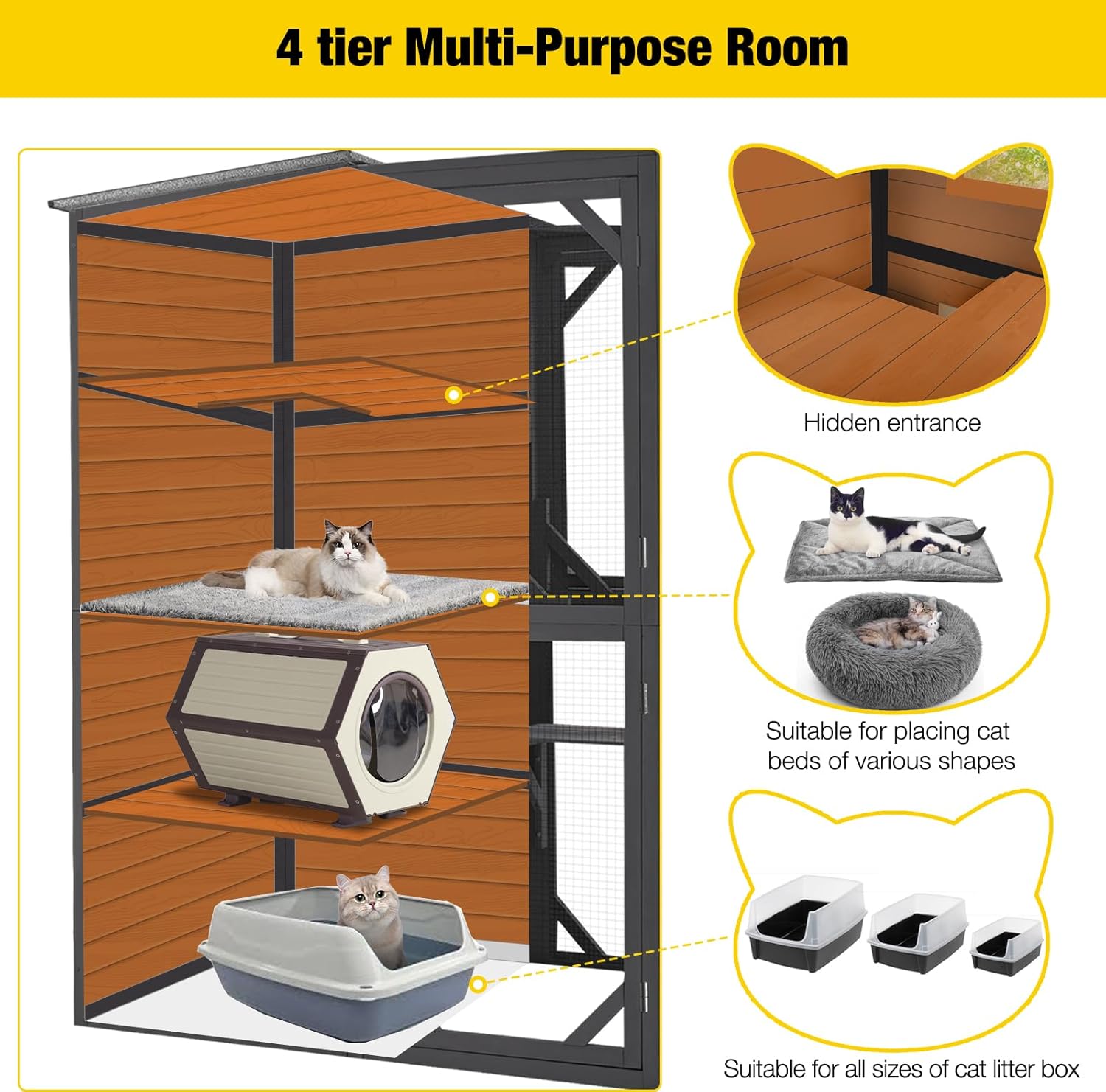 Aivituvin Large Cat Catio, 4 Tiers, Weatherproof Roof, 70"H x 77"L