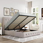 Allewie Queen Size Lift Up Storage Bed, Modern Wingback Headboard, Hydraulic Support, No Box Spring Needed, Light Beige