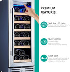 24 inch Wine Cooler, 46 Bottle - Dual Zone Built-in or Freestanding Fridge with Stainless Steel Reversible Glass Door, for Home, Kitchen, or Office.