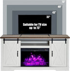 AMERLIFE Fireplace TV Stand with Sliding Barn Door for TVs up to 73", Farmhouse 63" Fireplace Entertainment Center with Storage Cabinets/Adjustable Shelves