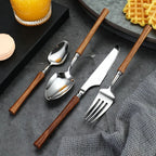 Minimalist Silverware Set with Wooden Handle - 18/8 Stainless Steel Tableware Service for 6 - Onestopv