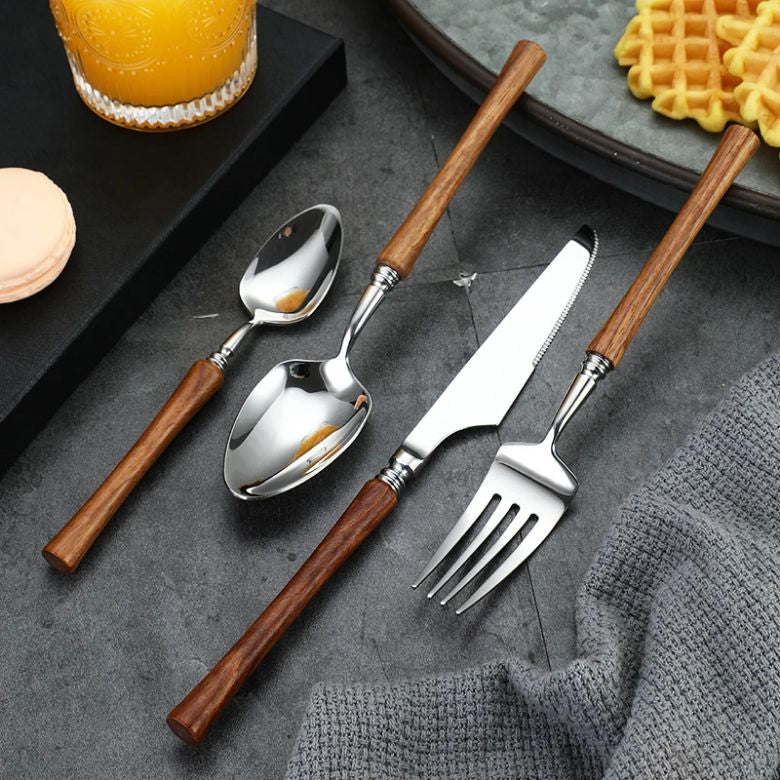 Minimalist Silverware Set with Wooden Handle - 18/8 Stainless Steel Tableware Service for 6 - Onestopv