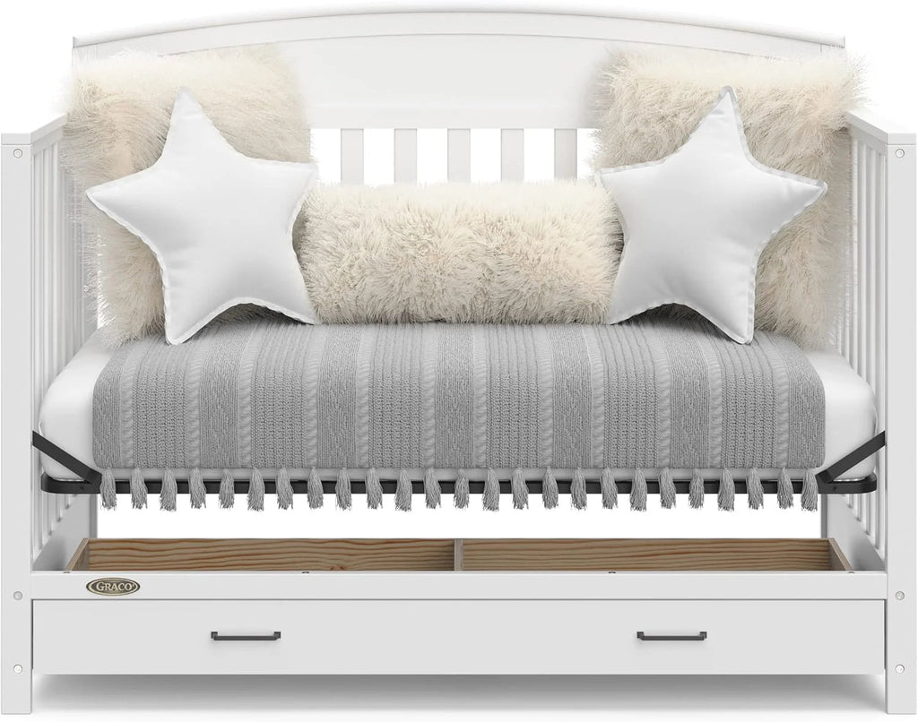 5-in-1 Convertible Baby Bed (with drawers, white) - Green Guardian Gold Certification, built-in baby bed storage drawer, convertible to toddler bed, day bed and full-size bed