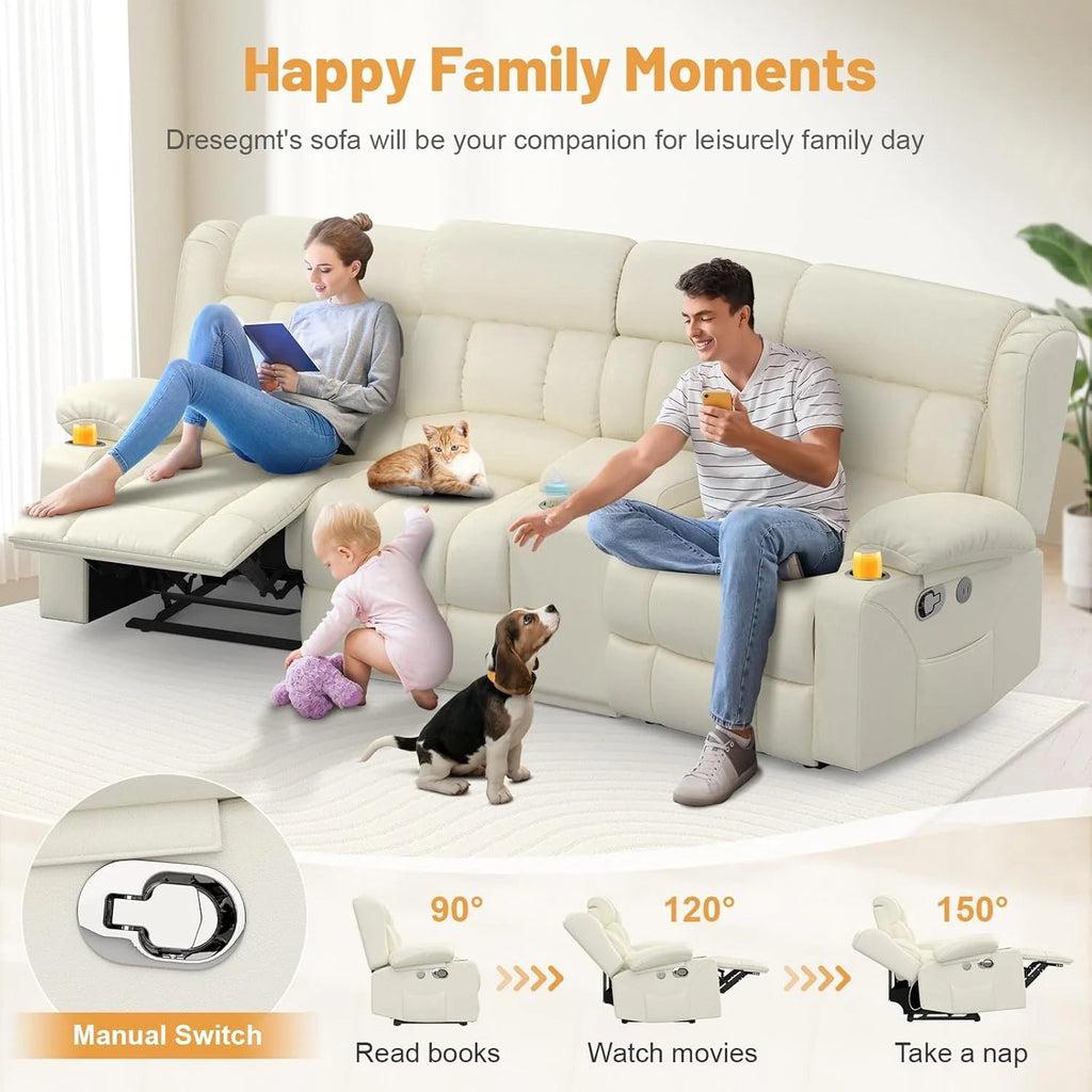 3 Seat Reclining Sofa with Storage Drawer USB Ports & Cup Holders Manual Couch