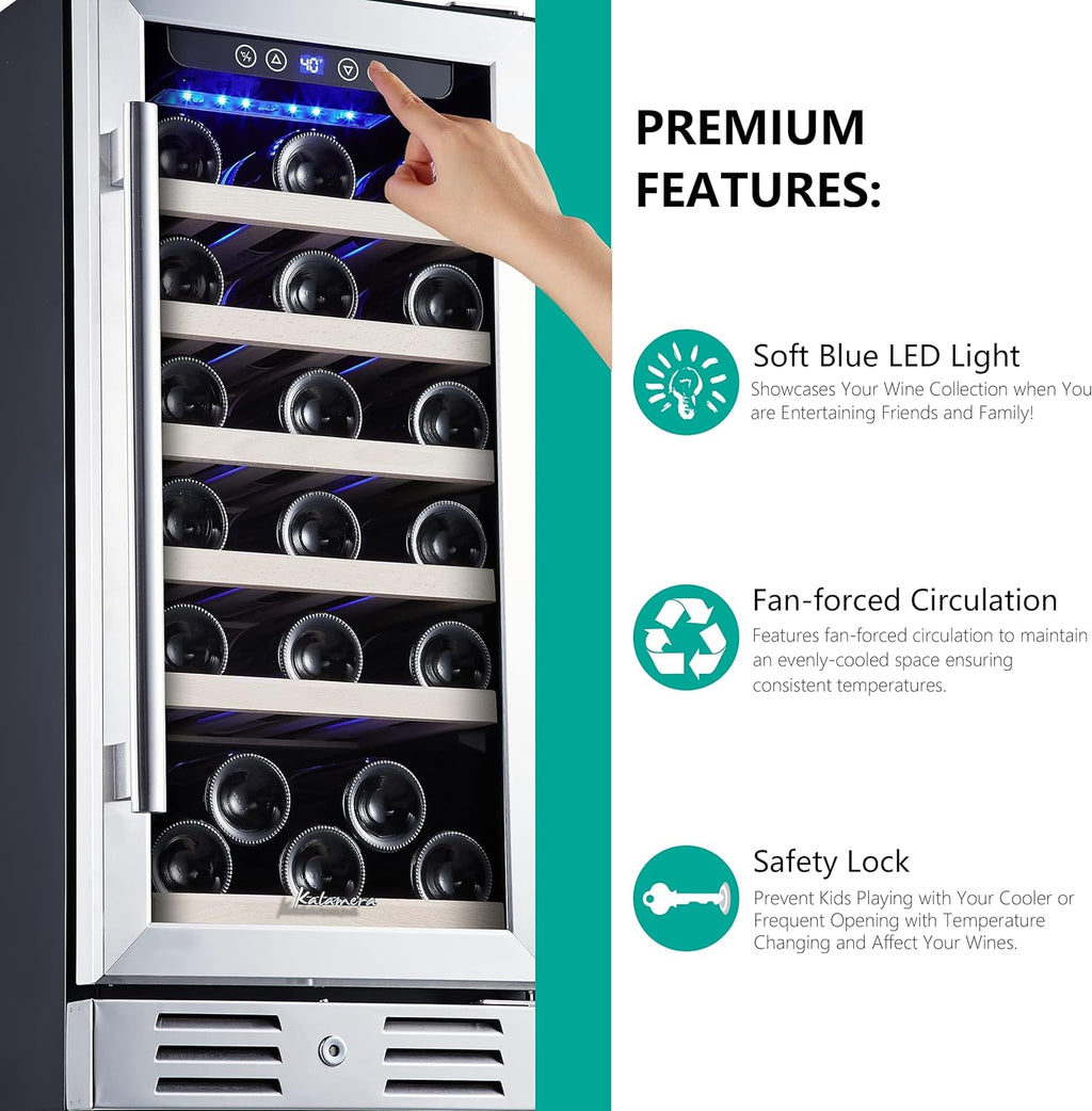 24 inch Wine Cooler, 46 Bottle - Dual Zone Built-in or Freestanding Fridge with Stainless Steel Reversible Glass Door, for Home, Kitchen, or Office.