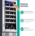 24 inch Wine Cooler, 46 Bottle - Dual Zone Built-in or Freestanding Fridge with Stainless Steel Reversible Glass Door, for Home, Kitchen, or Office.