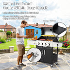 Upgraded 4 Burner BBQ Propane Gas Grill with Cast Iron Grates & Side Stove, 44,000 BTU Stainless Steel Burner Barbecue Grill for Patio, Camping, Outdoor Cooking MELLCOM