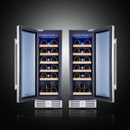 24 inch Wine Cooler, 46 Bottle - Dual Zone Built-in or Freestanding Fridge with Stainless Steel Reversible Glass Door, for Home, Kitchen, or Office.