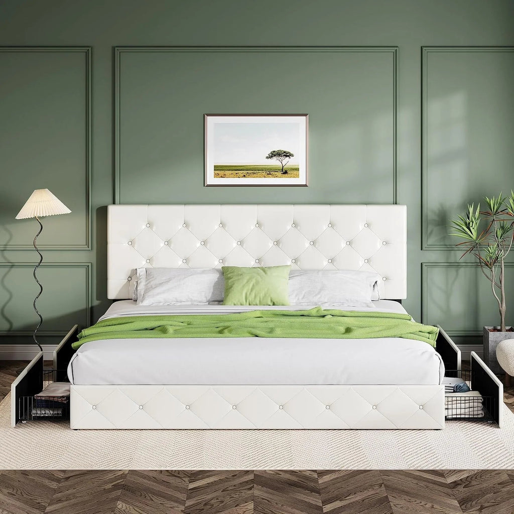 Allewie Upholstered Queen Size Platform Bed Frame with 4 Storage Drawers and Headboard, Square Stitched Button Tufted, Mattress Foundation with Wooden Slats Support, No Box Spring Needed, Light Grey