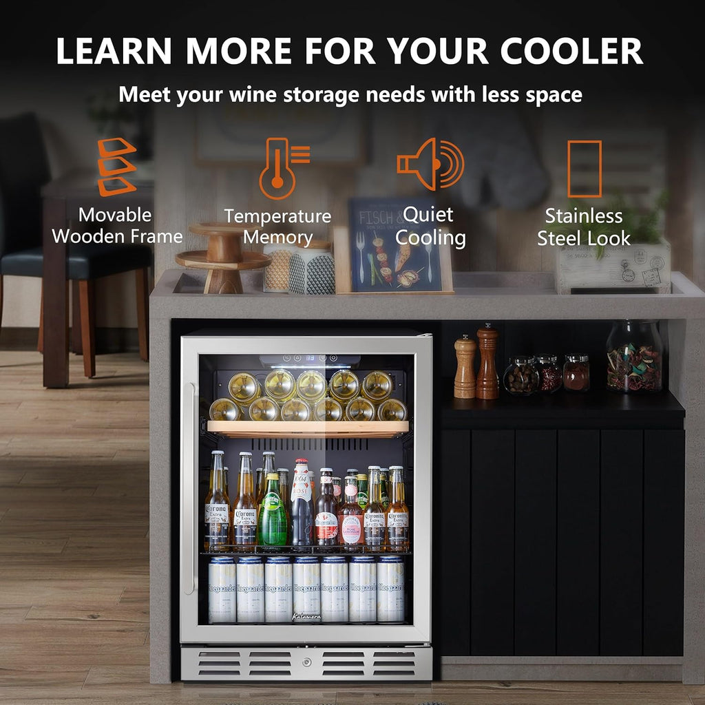 24 inch Wine Cooler, 46 Bottle - Dual Zone Built-in or Freestanding Fridge with Stainless Steel Reversible Glass Door, for Home, Kitchen, or Office.
