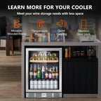 24 inch Wine Cooler, 46 Bottle - Dual Zone Built-in or Freestanding Fridge with Stainless Steel Reversible Glass Door, for Home, Kitchen, or Office.