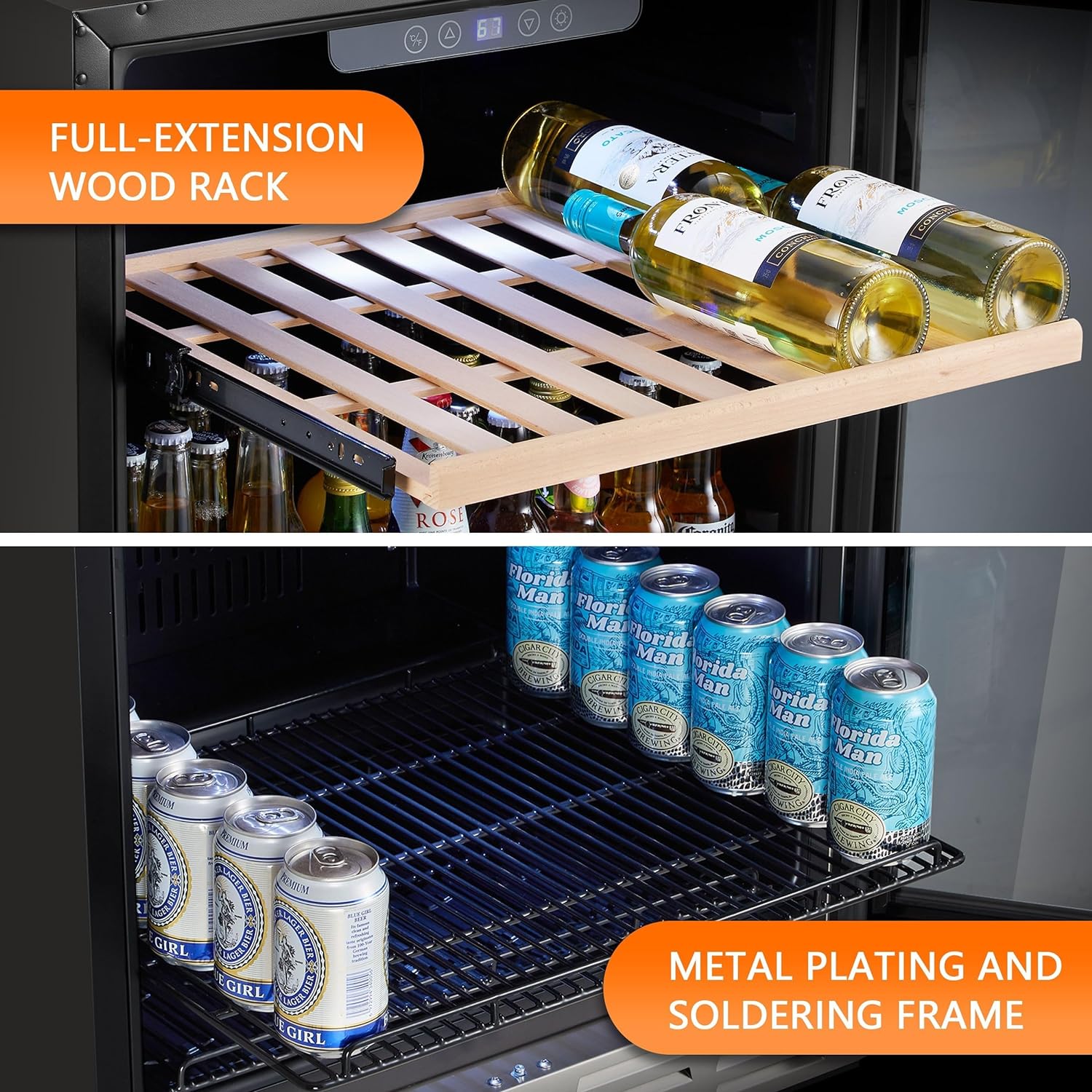 24 inch Wine Cooler, 46 Bottle - Dual Zone Built-in or Freestanding Fridge with Stainless Steel Reversible Glass Door, for Home, Kitchen, or Office.