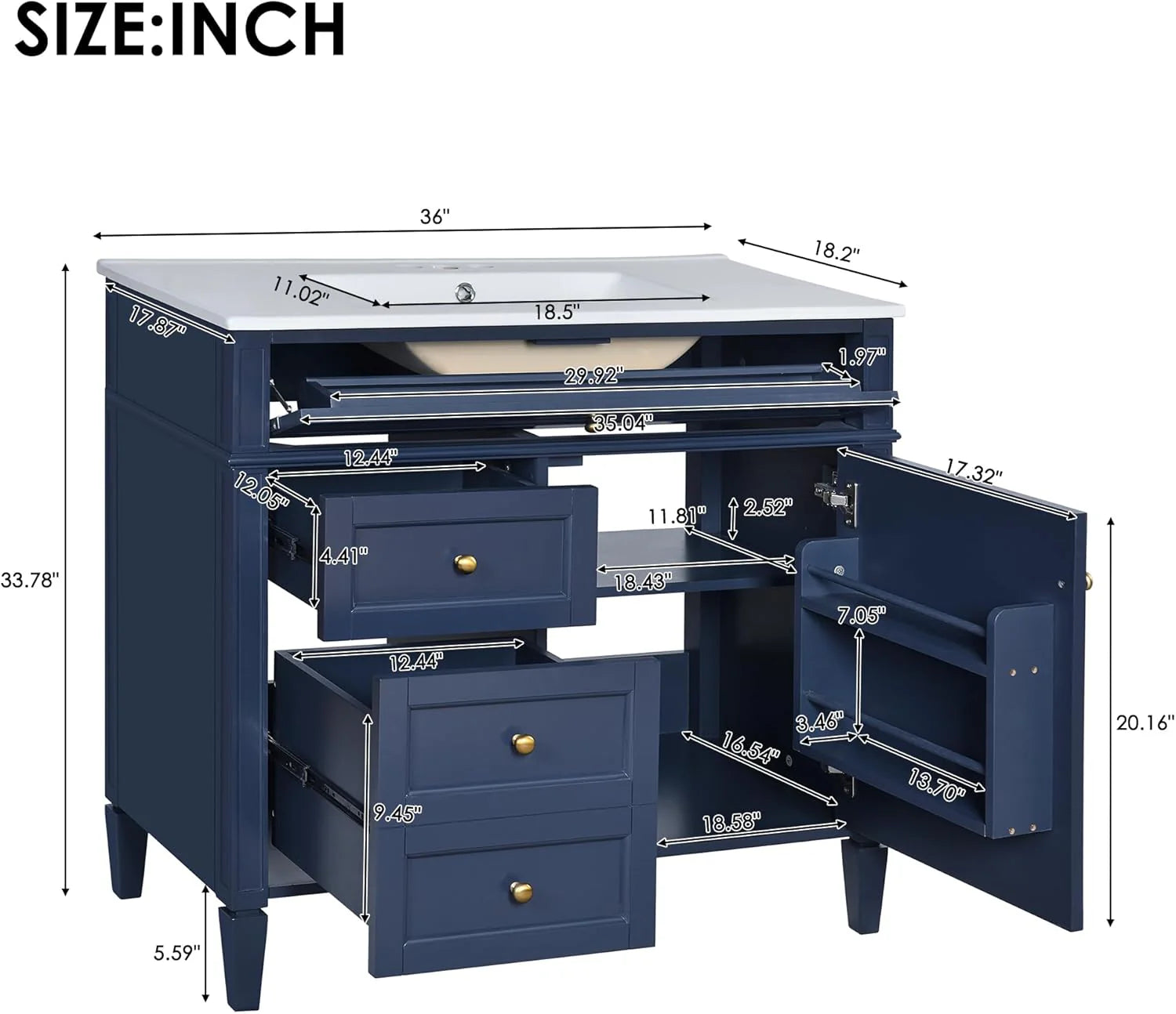 36" Bathroom Vanity with Single Sink Combo, Modern Undermount Bathroom Sink Cabinet with 2 Drawers and a Tip-Out Drawer, Freestanding Bathroom Vanities, Soft Closing, Solid Wood Frame