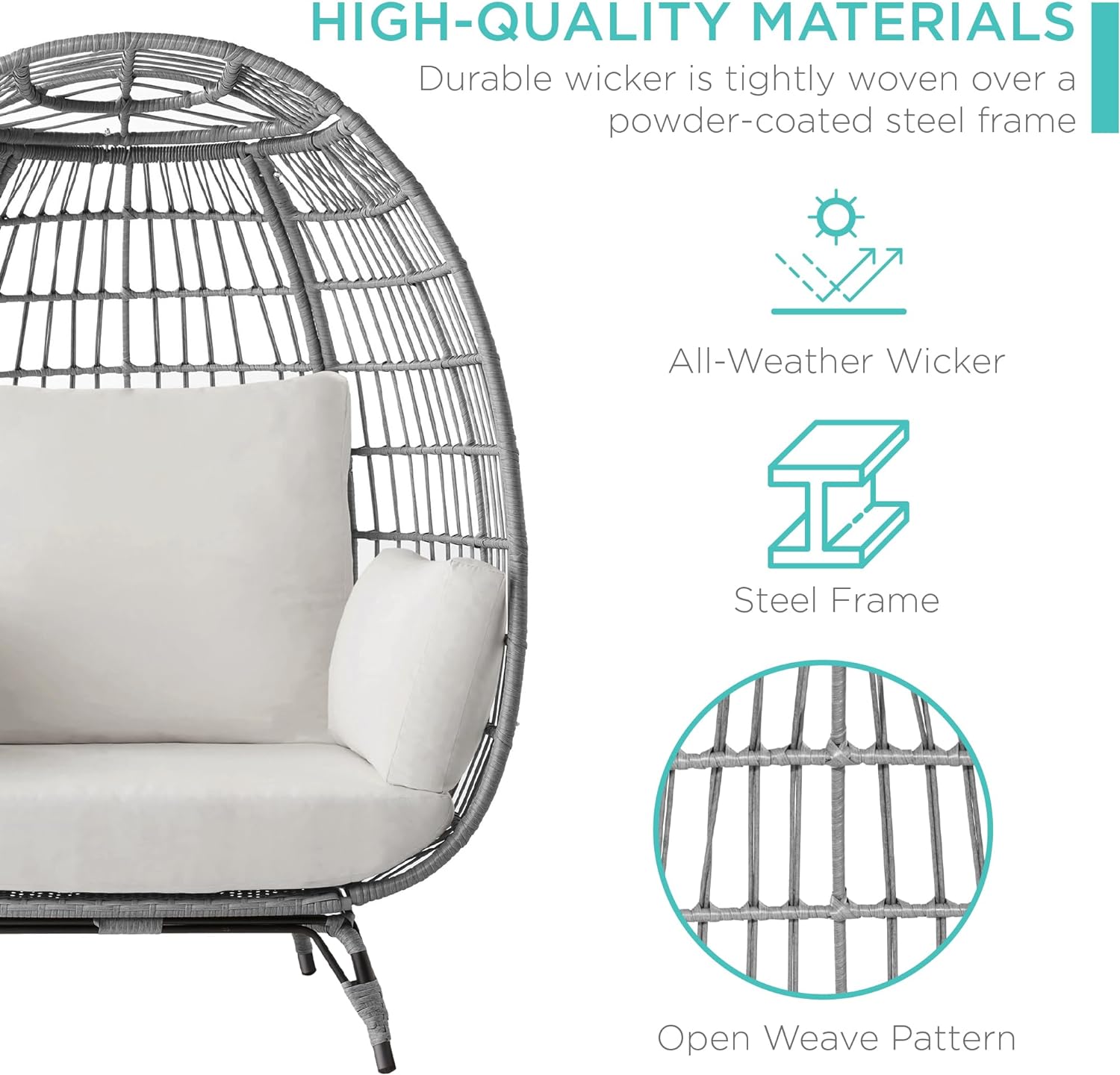 Best Choice Products Wicker Egg Chair, Oversized Indoor Outdoor Lounger for Patio, Backyard, Living Room w/ 4 Cushions, Steel Frame, 440lb Capacity - Ivory