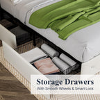 Allewie Upholstered Queen Size Platform Bed Frame with 4 Storage Drawers and Headboard, Square Stitched Button Tufted, Mattress Foundation with Wooden Slats Support, No Box Spring Needed, Light Grey
