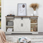 AMERLIFE Fireplace TV Stand with Sliding Barn Door for TVs up to 73", Farmhouse 63" Fireplace Entertainment Center with Storage Cabinets/Adjustable Shelves