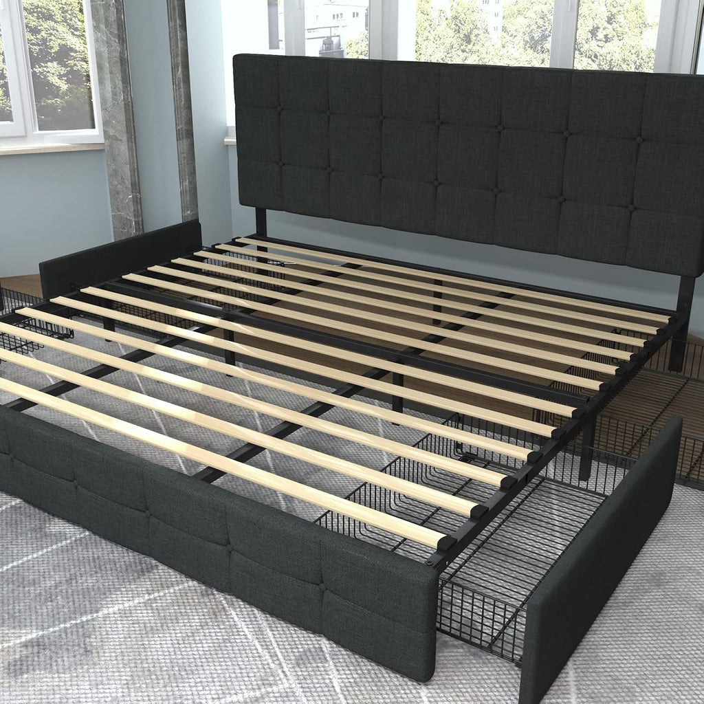 Allewie Upholstered Queen Size Platform Bed Frame with 4 Storage Drawers and Headboard, Square Stitched Button Tufted, Mattress Foundation with Wooden Slats Support, No Box Spring Needed, Light Grey
