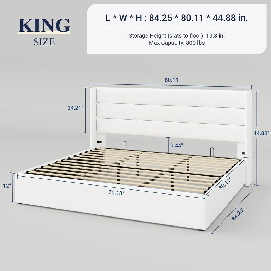 Allewie Queen Size Lift Up Storage Bed, Modern Wingback Headboard, Hydraulic Support, No Box Spring Needed, Light Beige