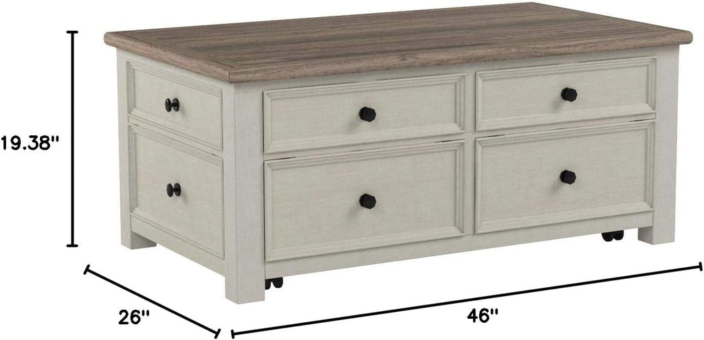 Ashley Bolanburg Lift Top Coffee Table with Drawers, Antique Cream & Brown
