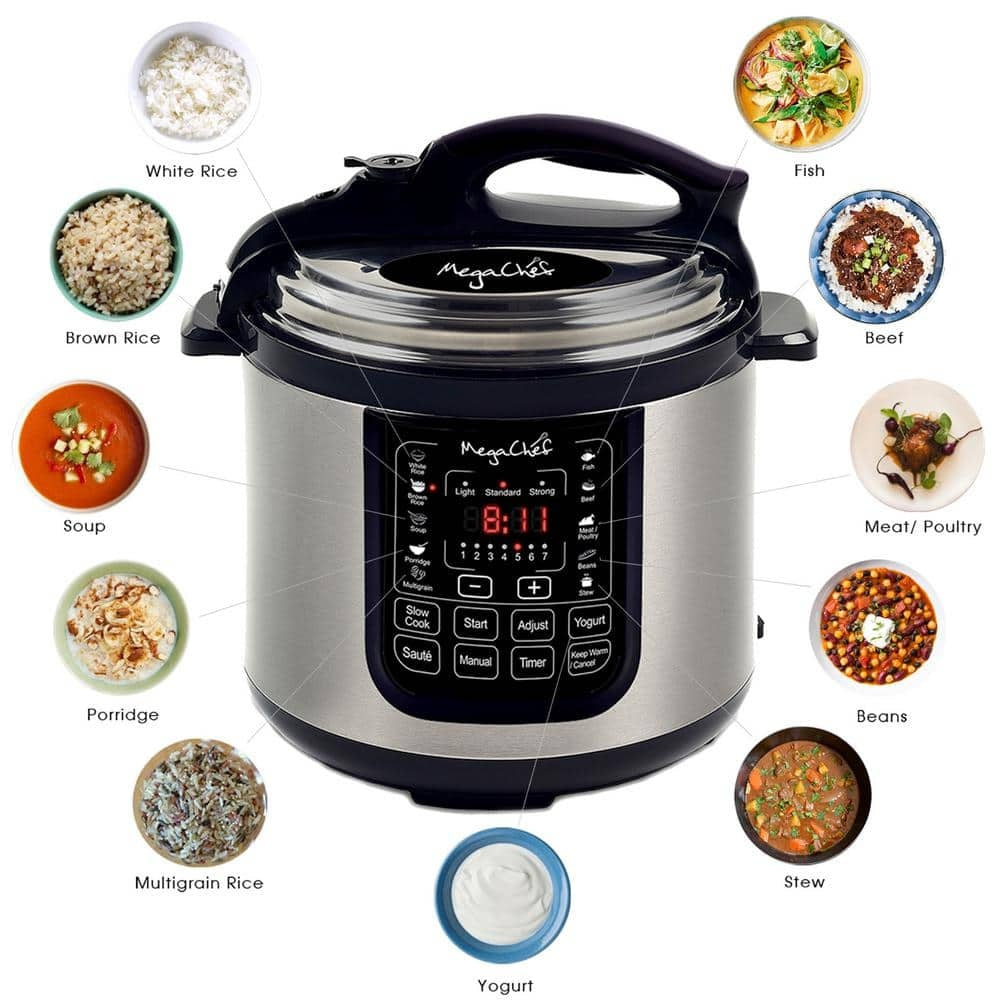 MegaChef 8 Qt Stainless Steel Electric Pressure Cooker with Digital Presets & Slow Cook Function