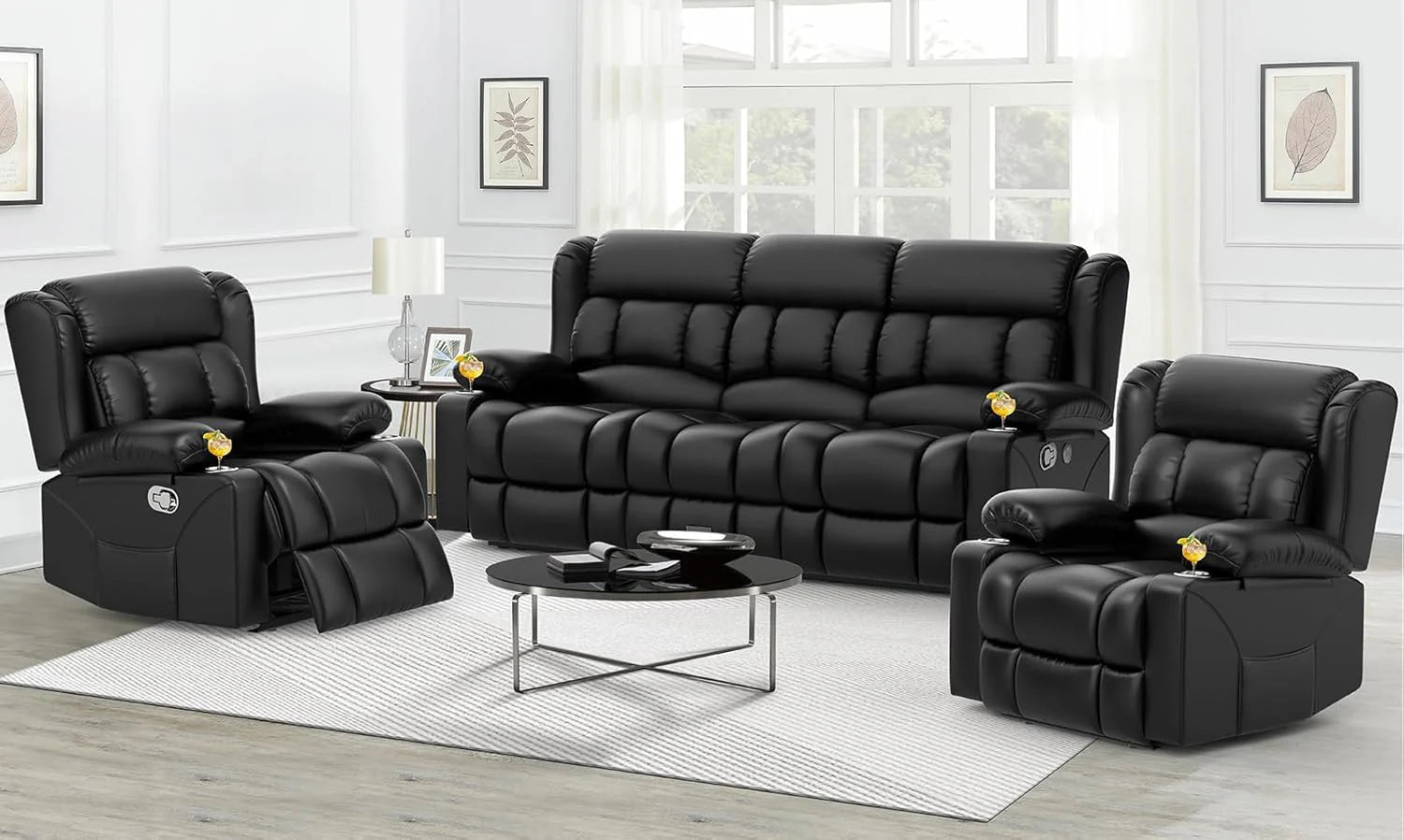 3 Seat Reclining Sofa with Storage Drawer USB Ports & Cup Holders Manual Couch