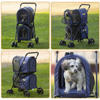 42 Double Pet Stroller for 2 Dogs & Cats,4 Wheels Dog Strollers Folding Travel Cat Stroller with Suspension System,Navy Blue