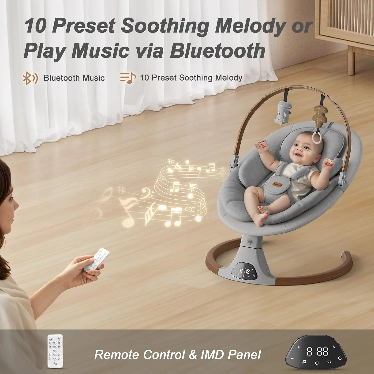 Baby Swings for Infants, Monamii Baby Swing, Bluetooth Infant Swing with Music Speaker, 5 Speeds and Remote Control, Indoor & Outdoor Use