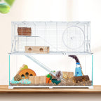 3 Tiers Large Hamster Cages, Glass Hamster Cage Habitat with Openable Wire Topper, Gerbil Cage with Two Ladders Ramps and Removeable Waterproof PVC Tray, Easy to Clean